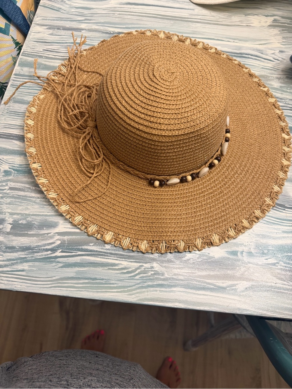 Wide-Brim Straw Sun Hat with Shell Bead Trim - Tan